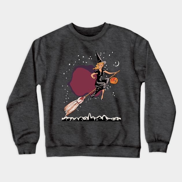 Witches Fly In The Sky On Halloween Night Witch on Broom with Jackolantern Crewneck Sweatshirt by Souvenir T-Shirts